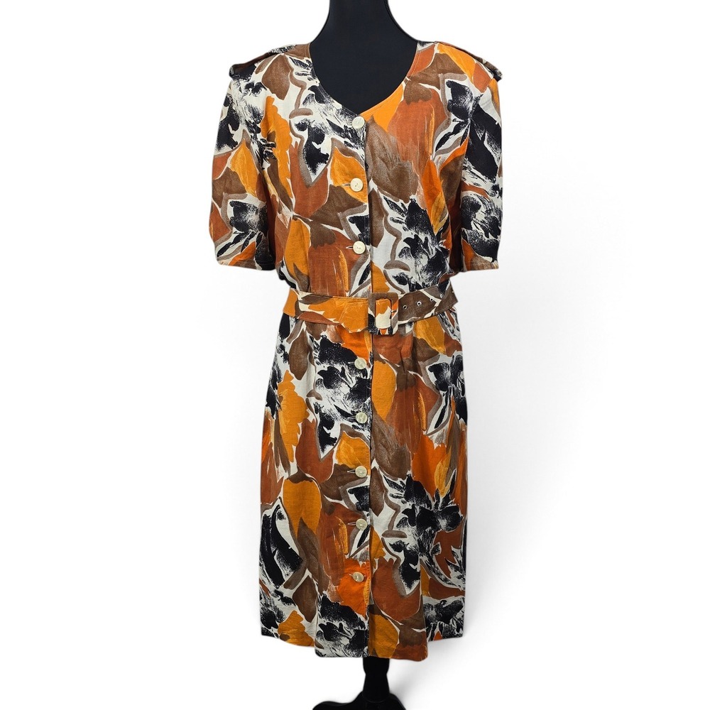 Vintage Betty Barclay Dress Women US 12 Linen Cotton Abstract Floral Belted Midi